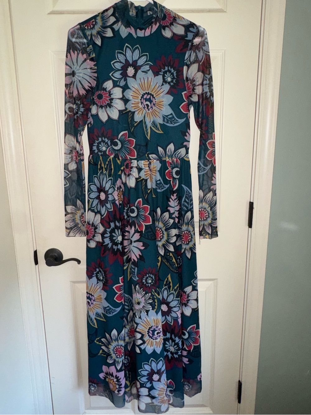 free press floral mesh maxi dress medium teal long sleeve mock neck sheer lined